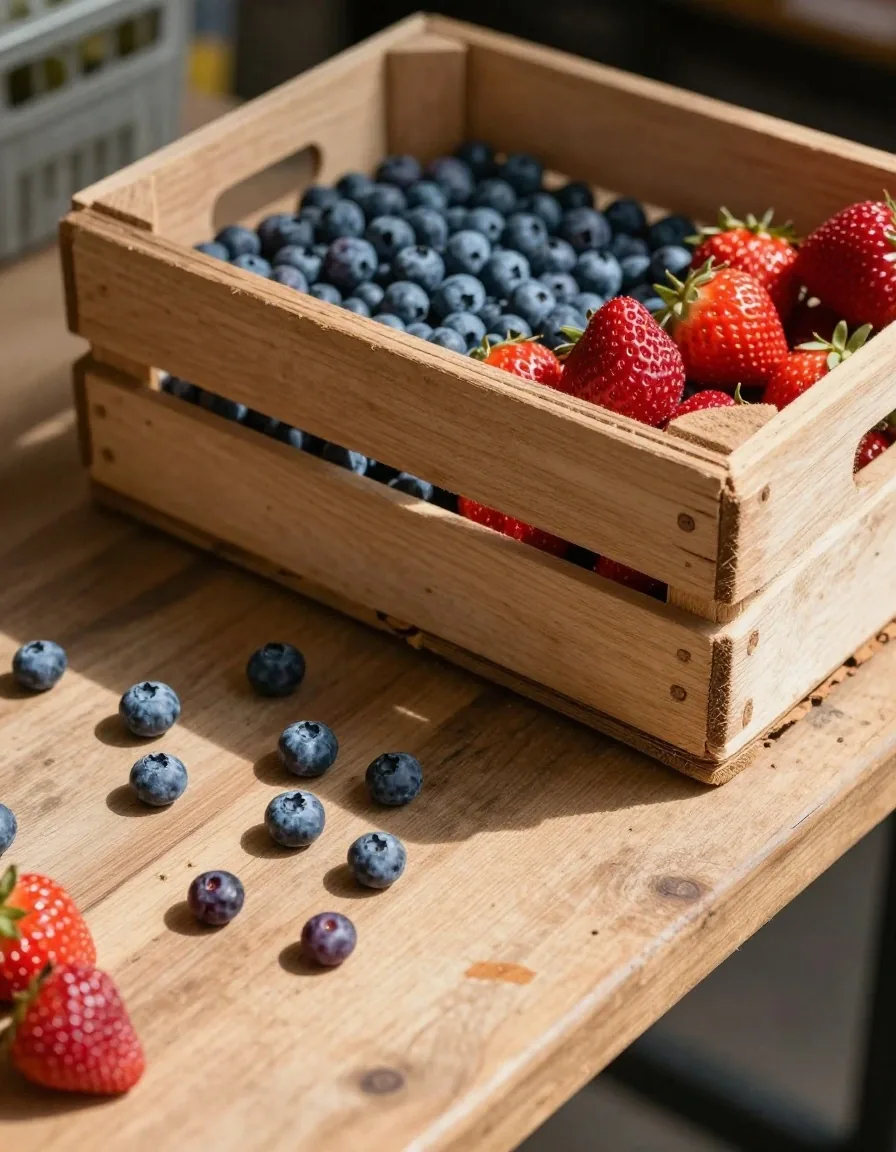 Crate of mixed berries on a wooden market table