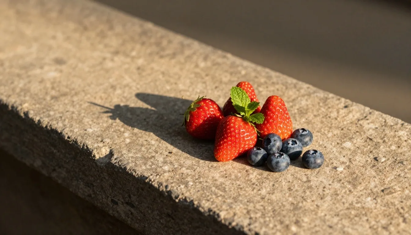 Fresh berries and leafy greens on weathered stone