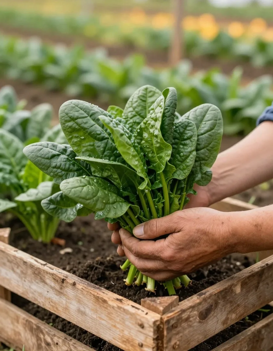 Hands holding fresh spinach over a crate
