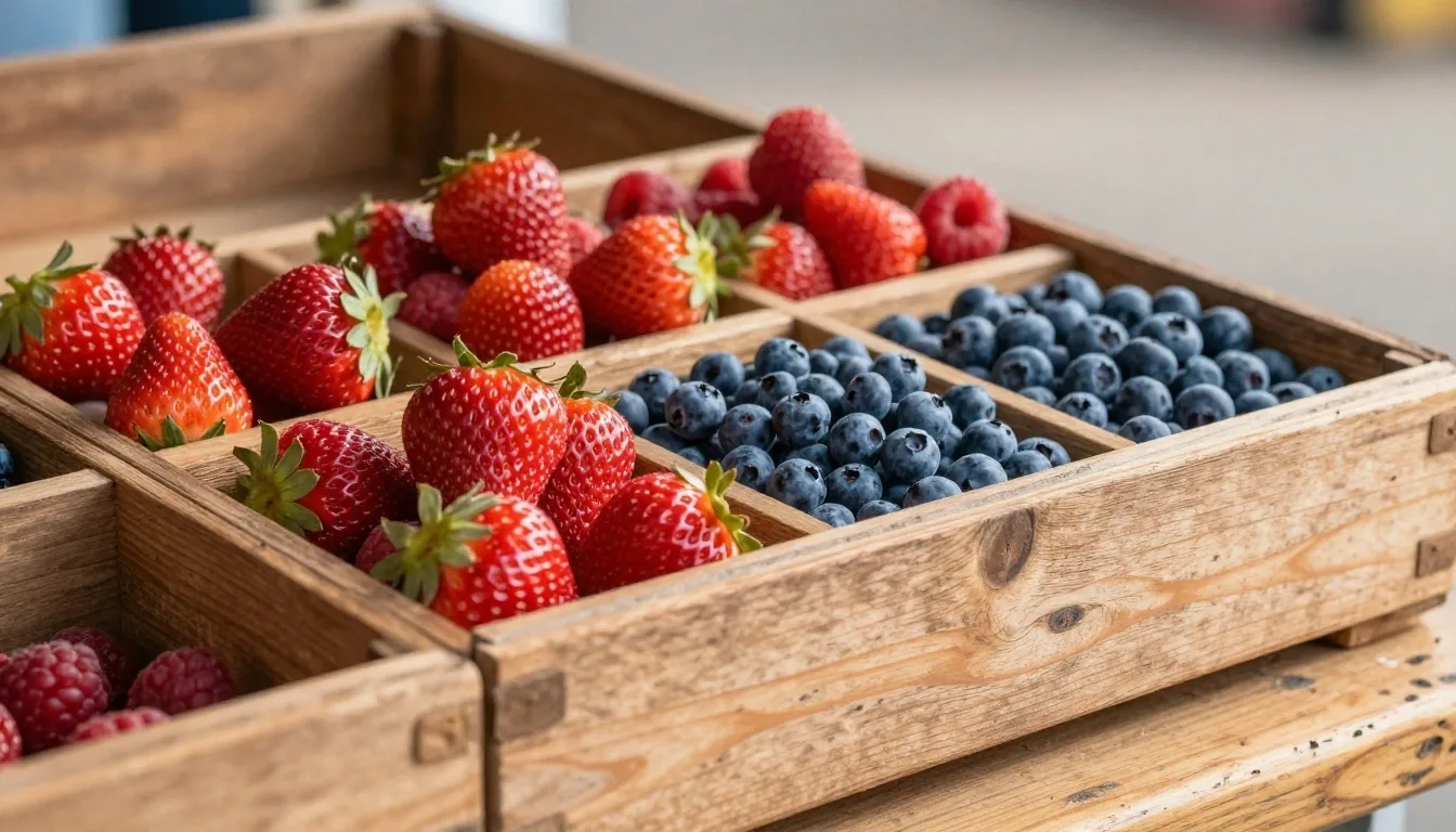 A crate of mixed berries on a wooden market table