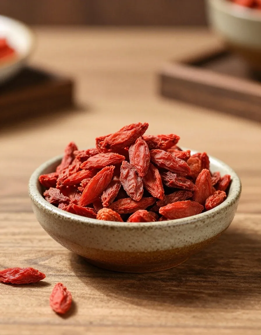 Dried goji berries in a ceramic bowl