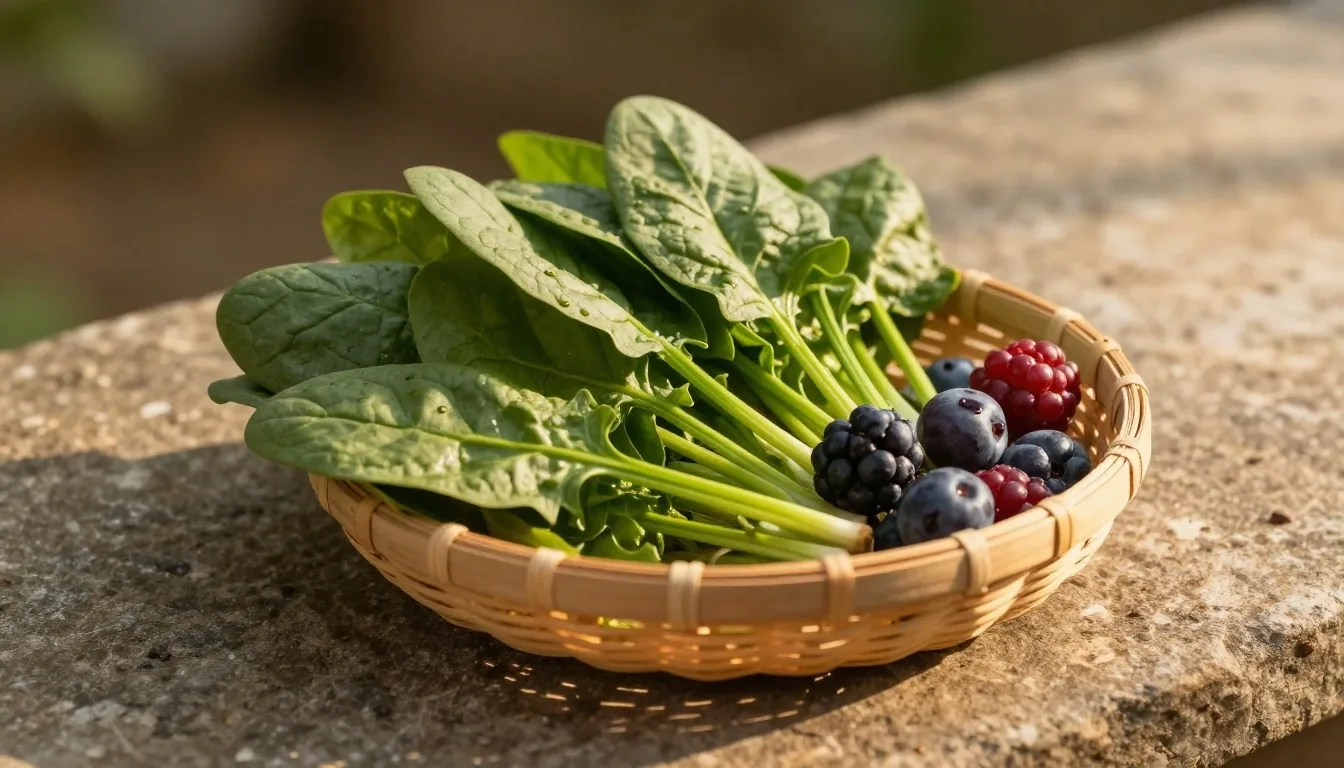 A produce market stall in warm afternoon light with fresh berries and leafy greens on a stone counter