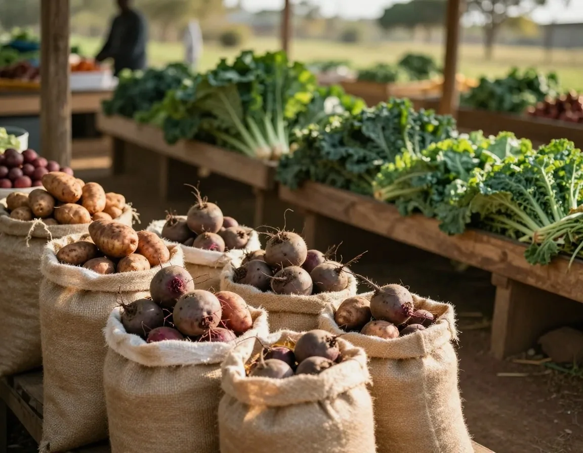Fresh leafy greens and root vegetables stacked at a South African produce market stall