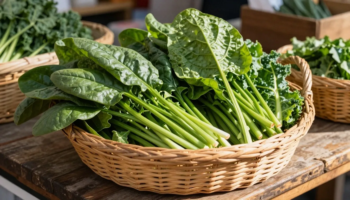 Basket of leafy greens at a market