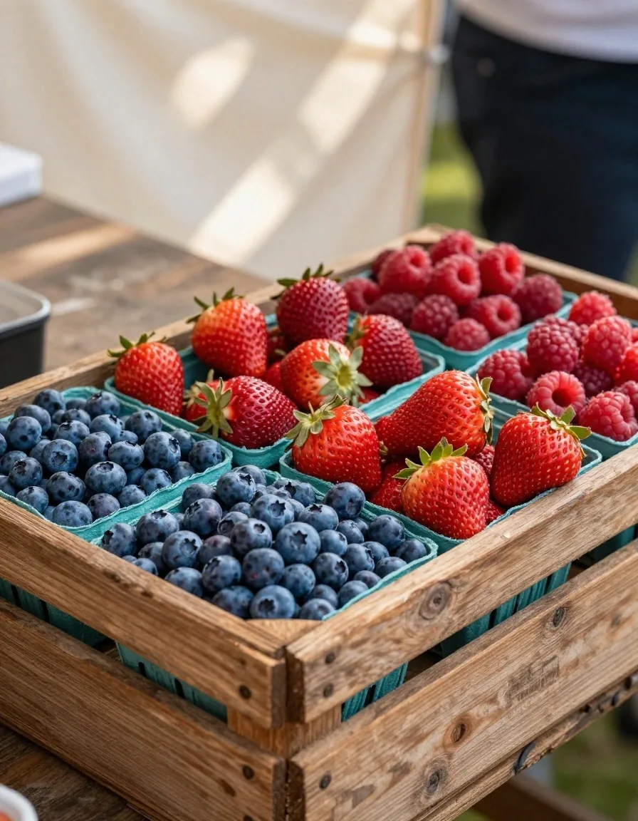 Crate of mixed berries on a market table