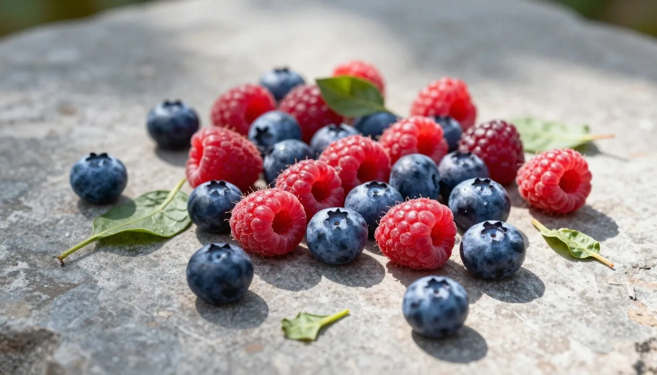 Mixed berries and leafy greens on weathered stone