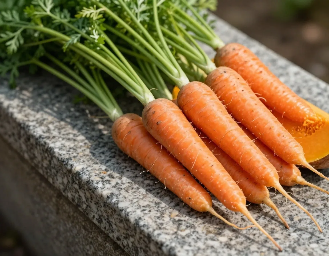 Carrots and butternut on a weathered stone surface