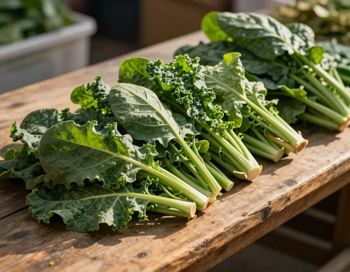 Fresh kale and spinach leaves on a wooden market table