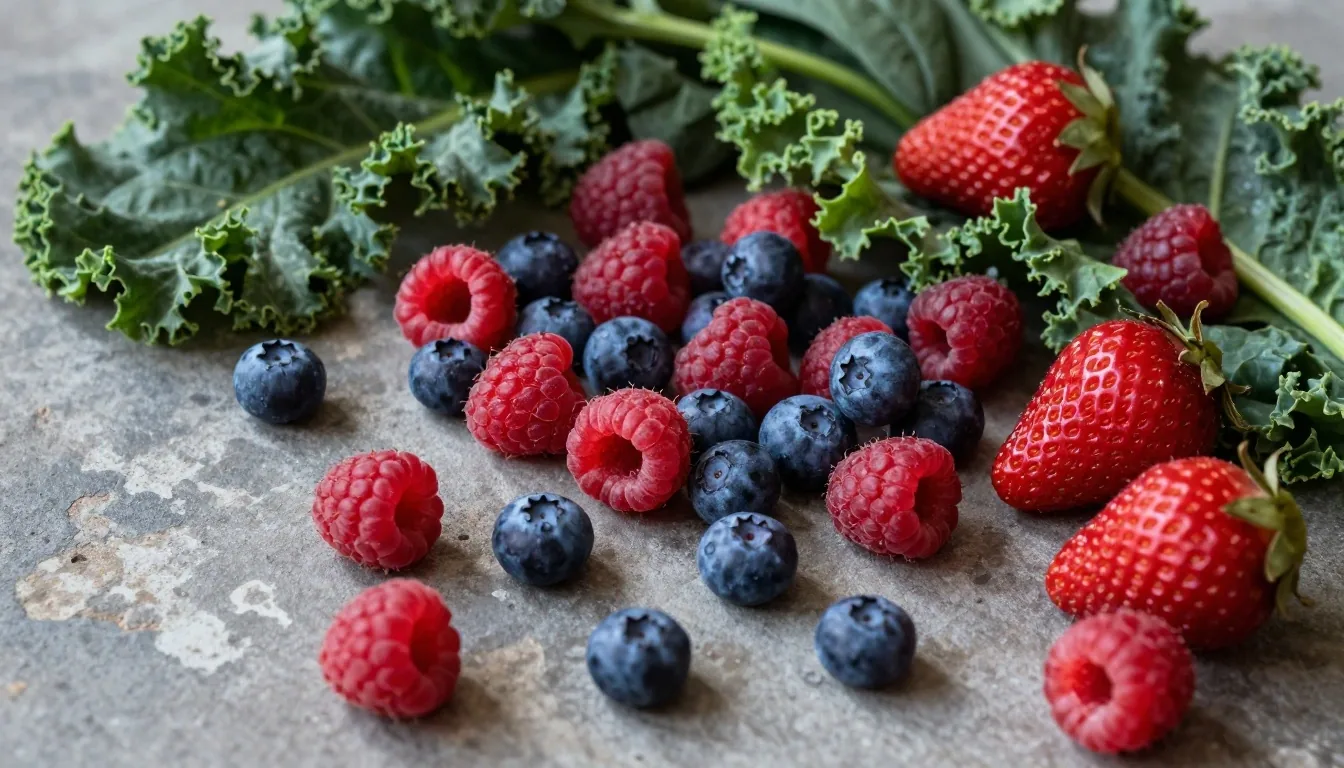 Fresh berries and leafy greens arranged on weathered stone