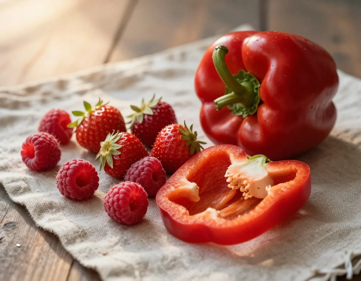 Strawberries, raspberries, and red bell pepper on linen