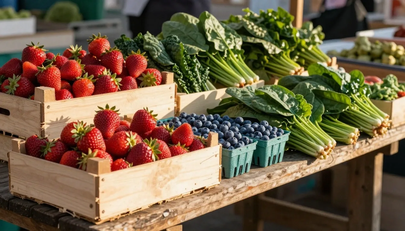 A Rosebank market stall with crates of fresh produce in late afternoon light