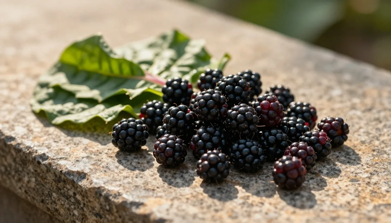 Fresh berries on weathered stone in late afternoon light
