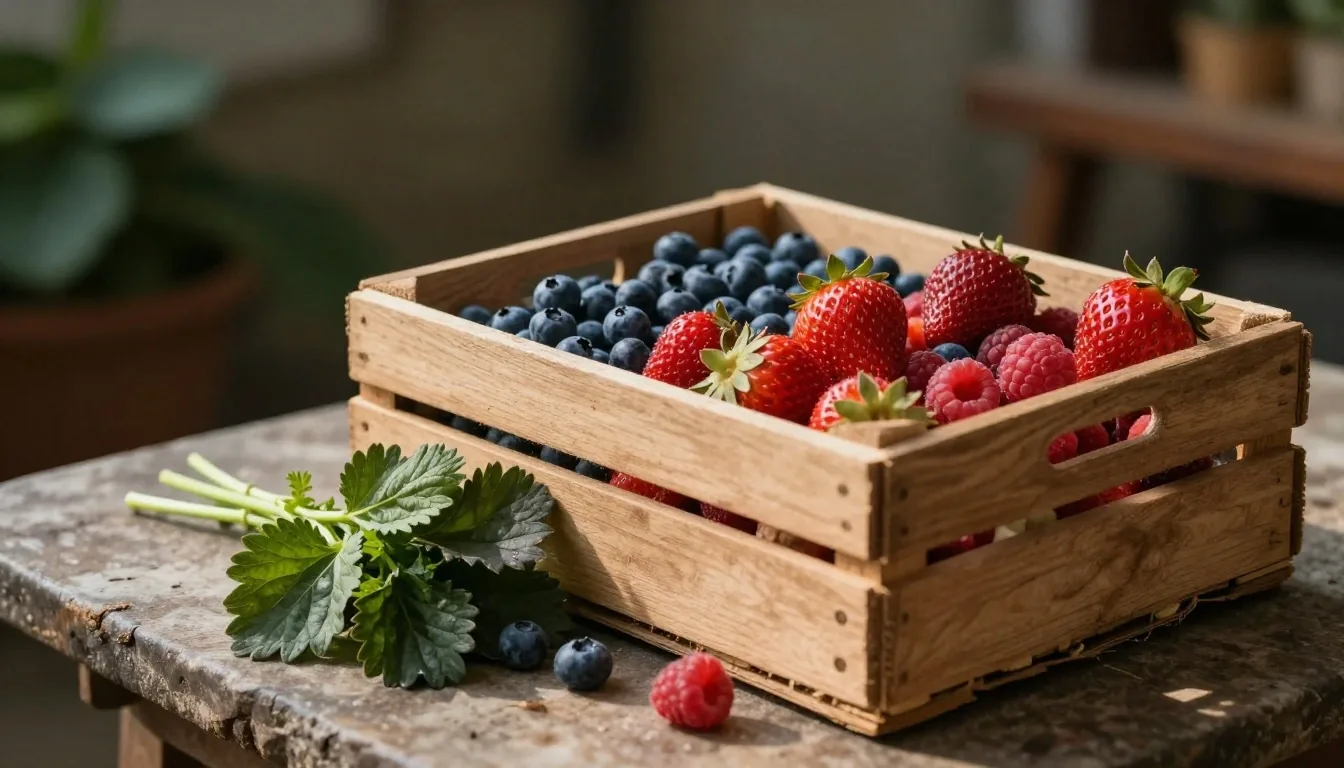 Berries and leafy greens on a weathered stone market table in late afternoon light
