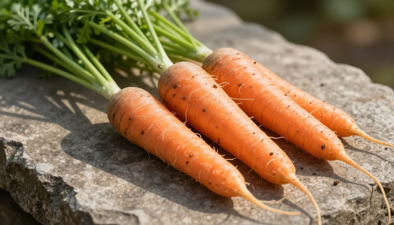 Carrots with green tops on weathered stone