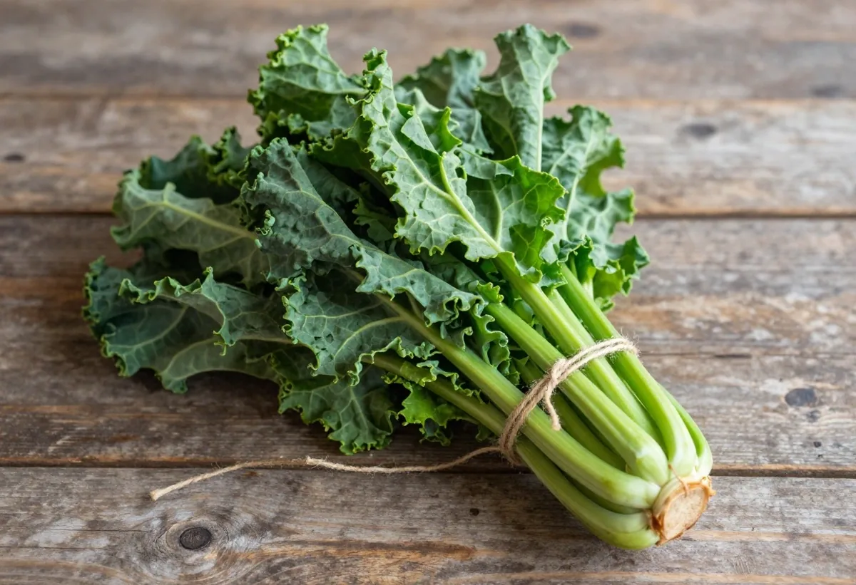 Fresh kale bunch on a wooden market table