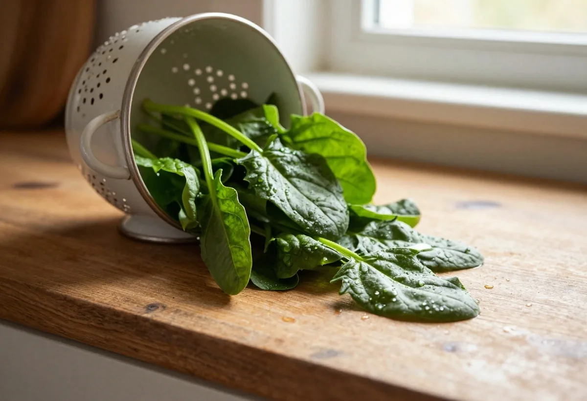 Fresh spinach leaves in a colander