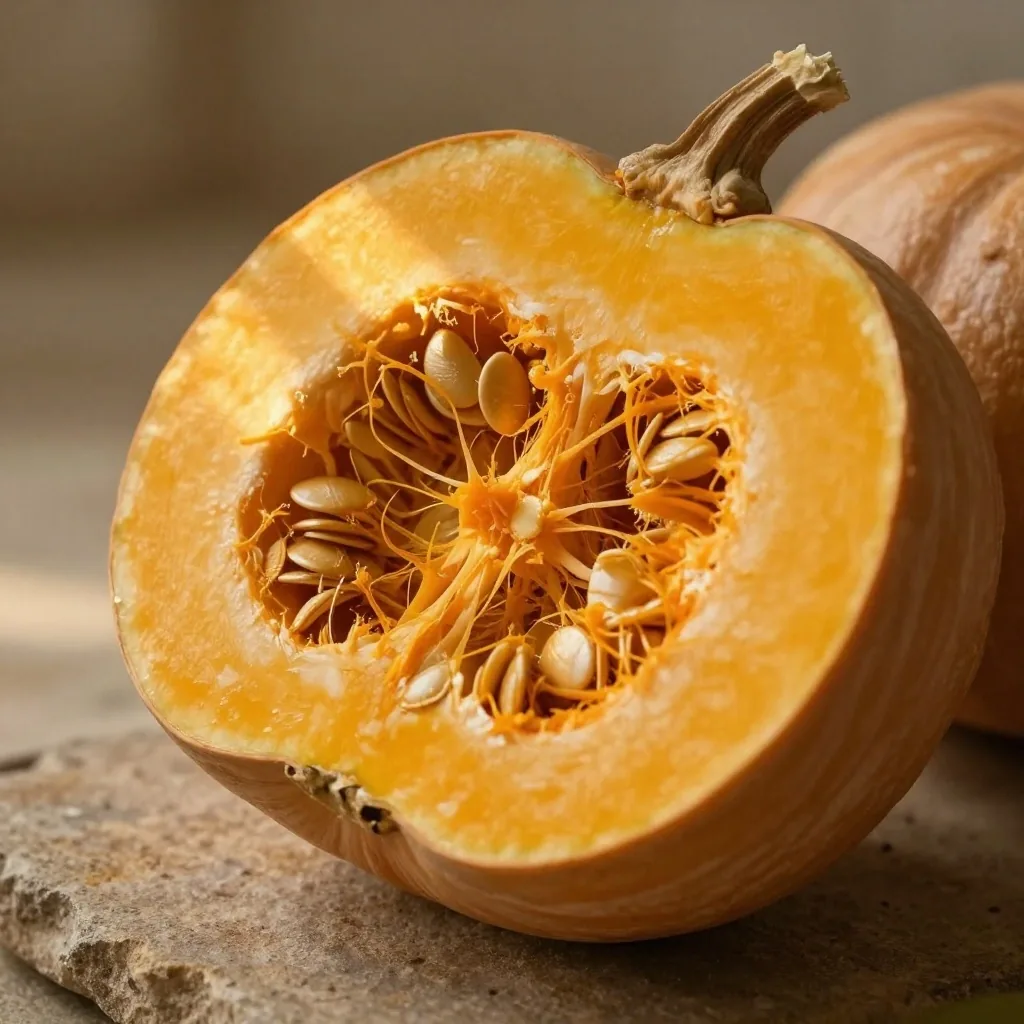 Halved pumpkin showing orange flesh