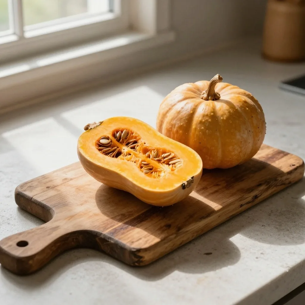 Halved butternut squash on a cutting board
