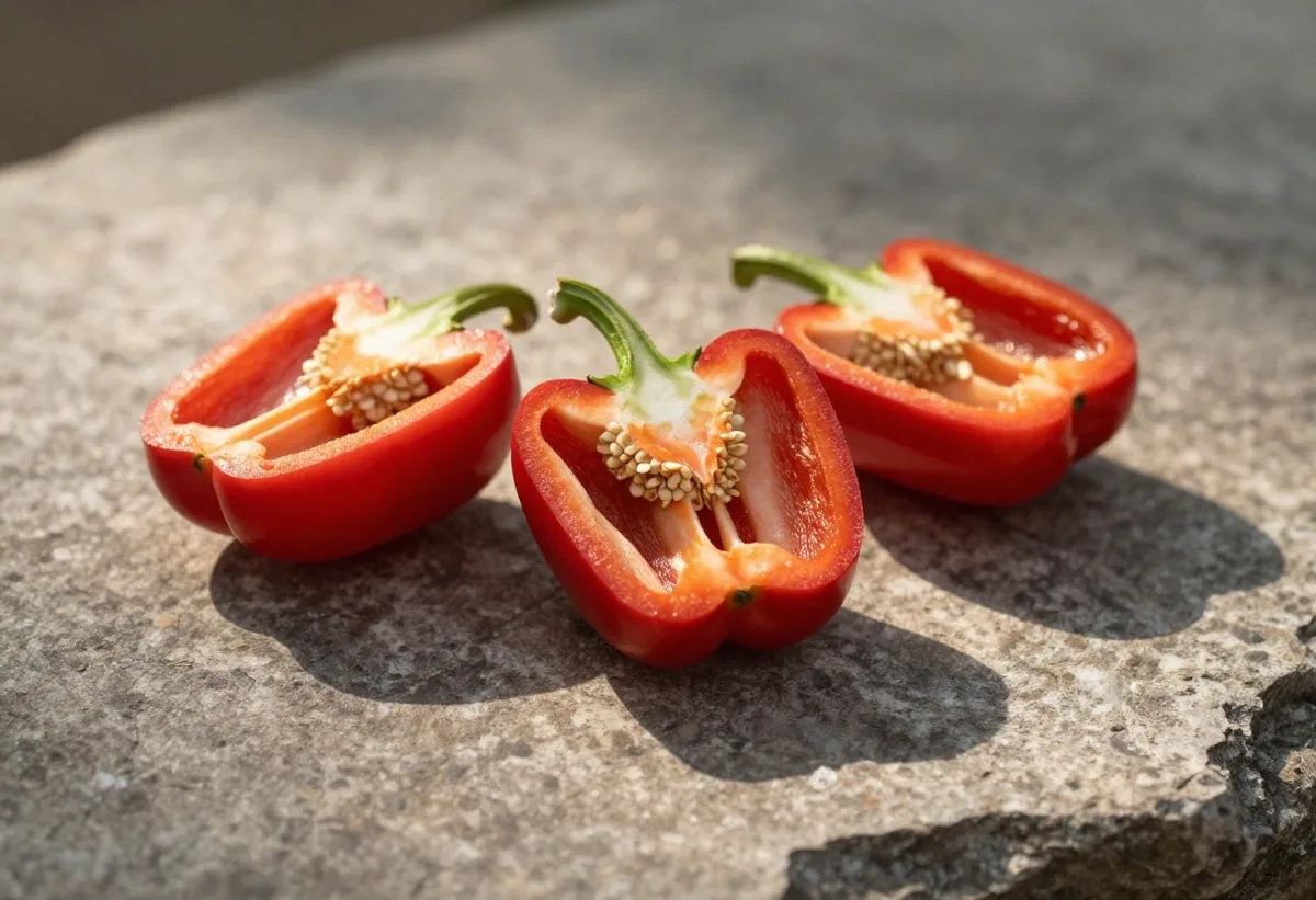 Red bell peppers on stone surface