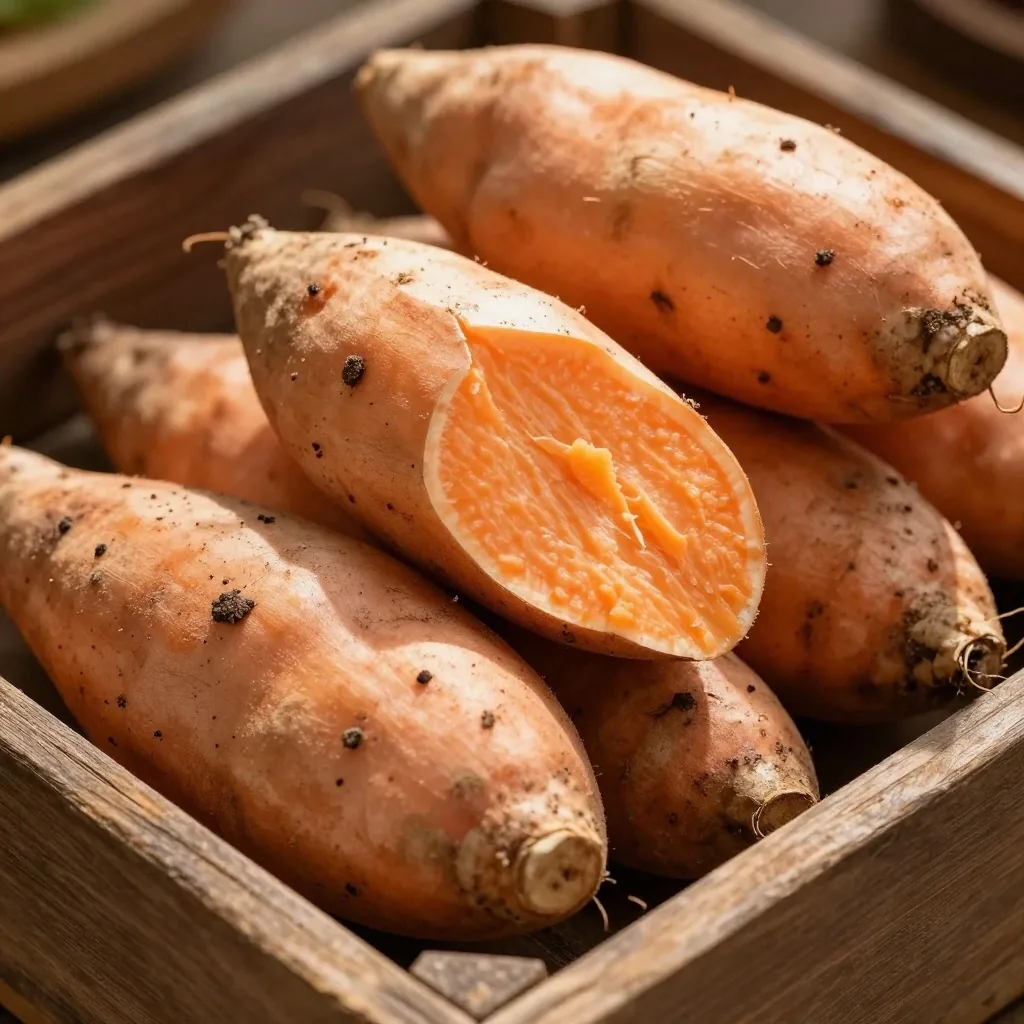 Sweet potatoes in a wooden crate